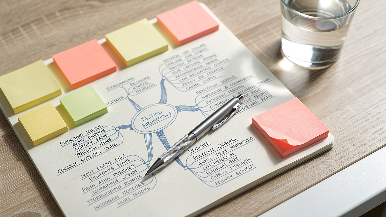 Keyword research planning with mind map clusters notebook