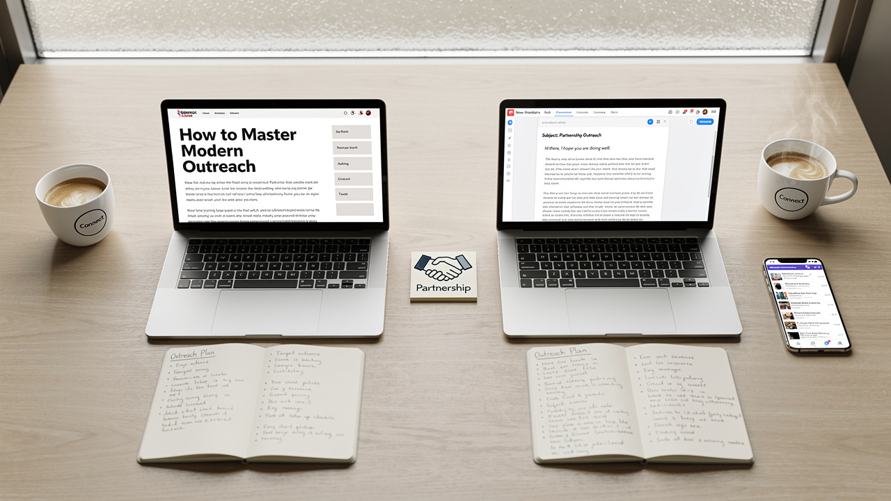 Link building outreach strategy with two laptops on desk