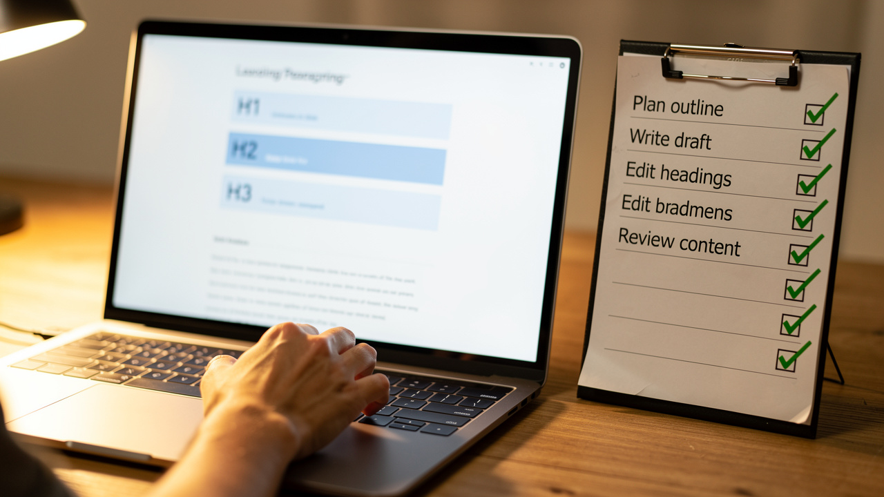 On-page SEO content structure editing on laptop screen