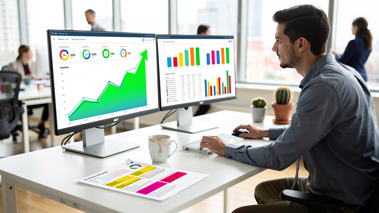 SEO performance tracking with analytics dashboard on monitors