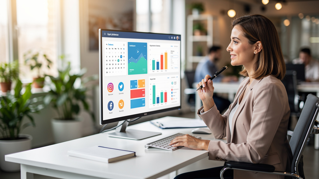 Professional woman reviewing unified social media platform saving money