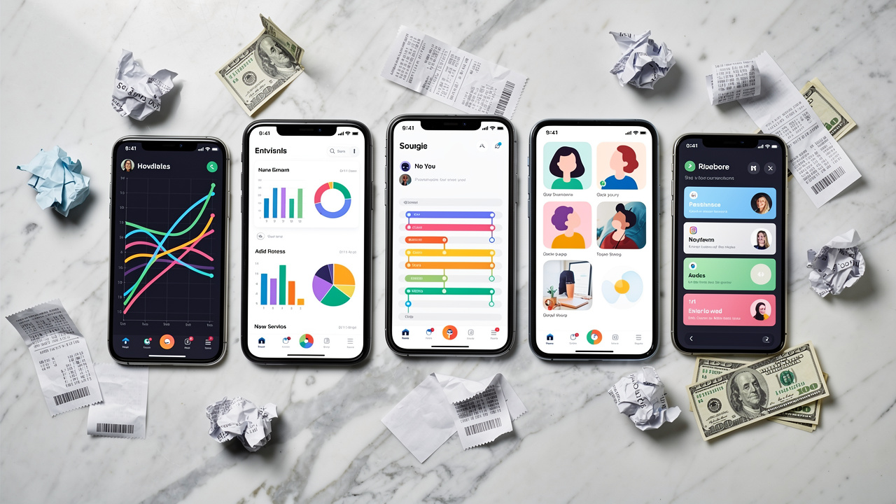 Multiple devices showing fragmented social media tools with scattered bills