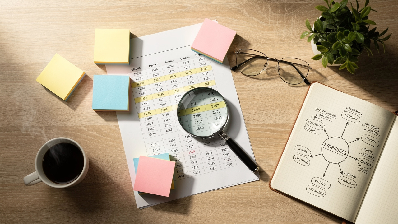 Keyword research planning with notes and organized topic clusters on desk