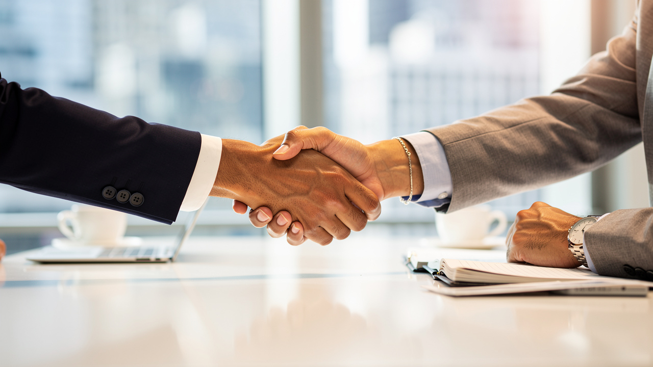 Business partnership handshake representing link building collaboration and authority