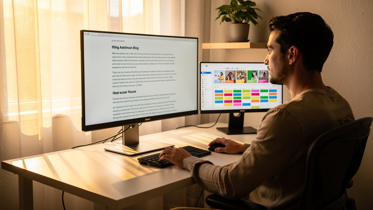 Content creator writing SEO-optimized articles at a modern desk setup