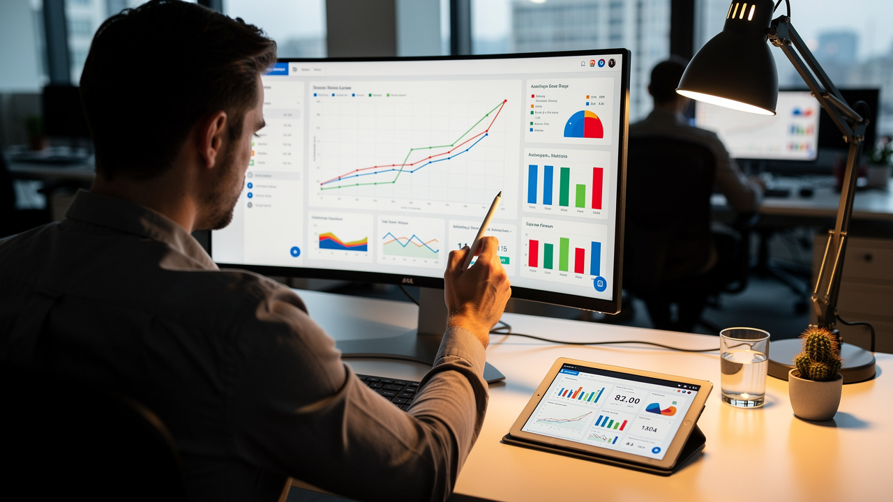 Marketing analyst tracking SEO performance metrics on analytics dashboard