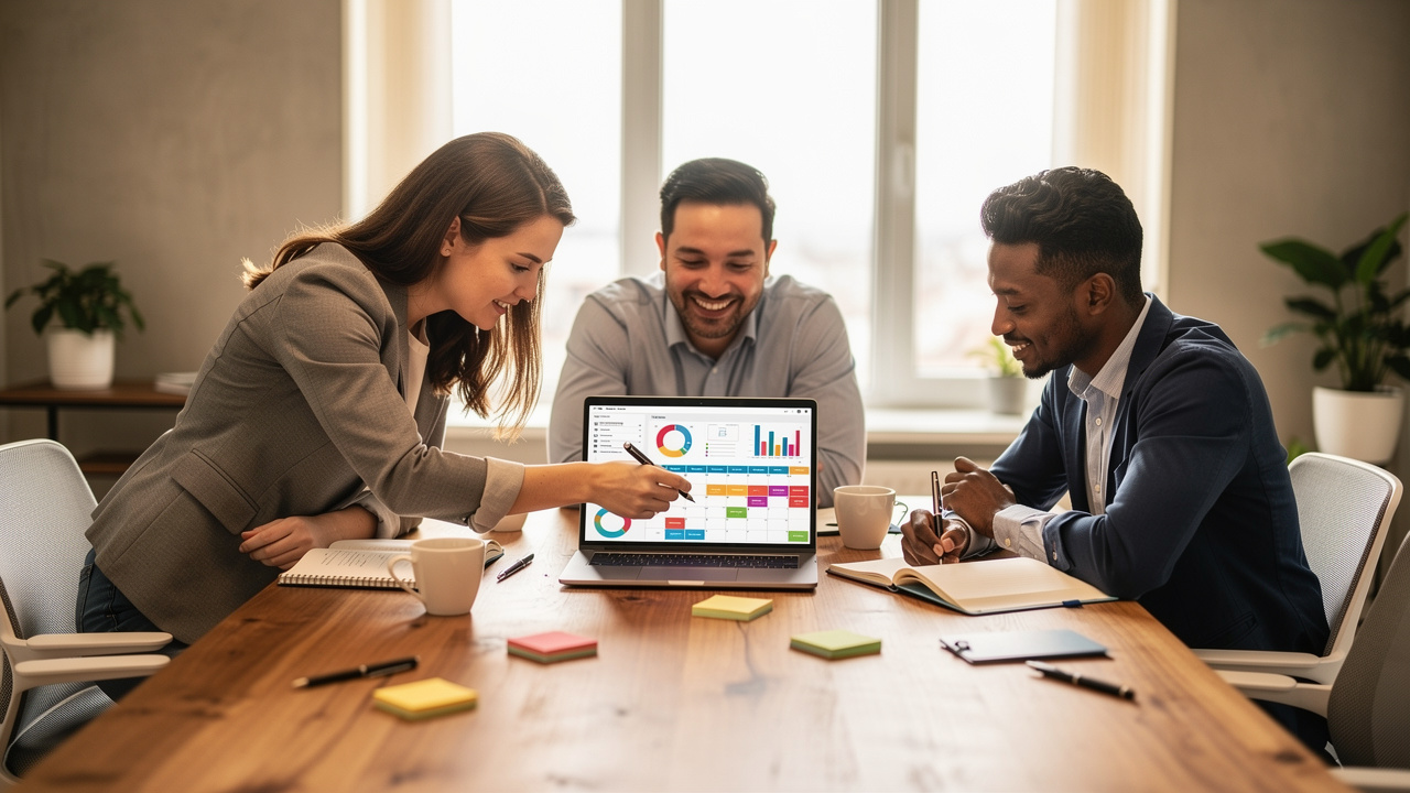 Diverse marketing team collaborating around a single social media platform